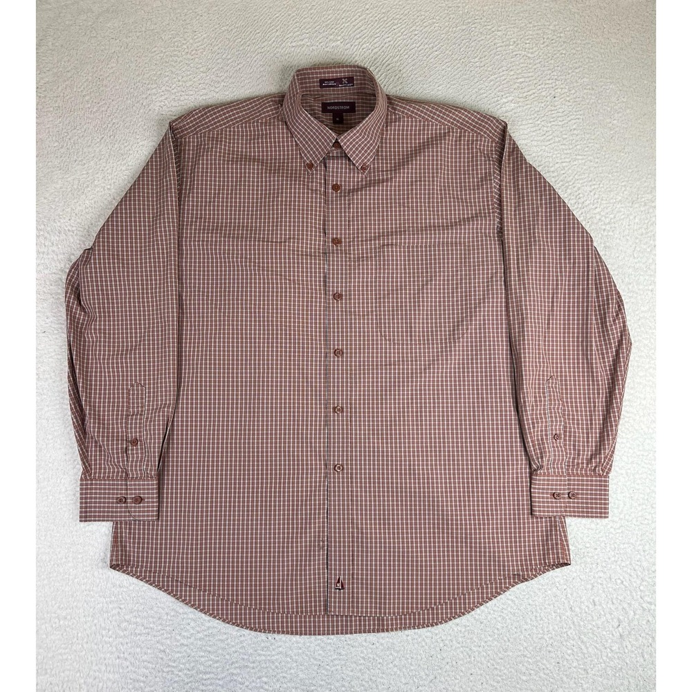 Nordstrom Shirt Mens XL Brown Check Smartcare Button Up‎ Long Sleeve Nautical